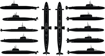 Submarine silhouette set, military naval vessel collection, underwater warship profiles from different angles, defense and maritime concept, black isolated vector illustration, navy fleet design © Masuduzzaman
