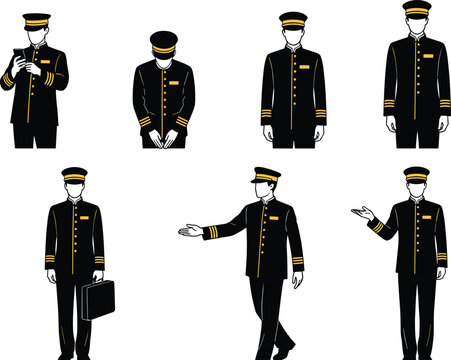 Hotel doorman silhouette set, uniformed porter and concierge poses collection, hospitality service staff gestures, black isolated vector illustration, luxury hotel entrance and customer service concep