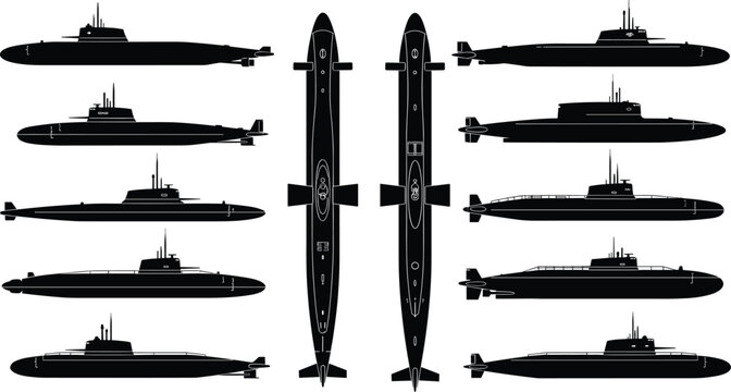 Submarine silhouette set, military naval vessel collection, underwater warship profiles from different angles, defense and maritime concept, black isolated vector illustration, navy fleet design