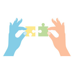 Obraz premium Hands connecting puzzle pieces: collaboration, teamwork, solution, ideas, connection