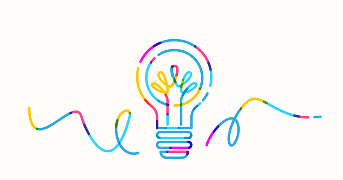 Idea light bulb vector illustration. Colorful dash line art represent creativity, innovation, brainstorming. Minimal concept for business success, bright thoughts. Isolated on white background