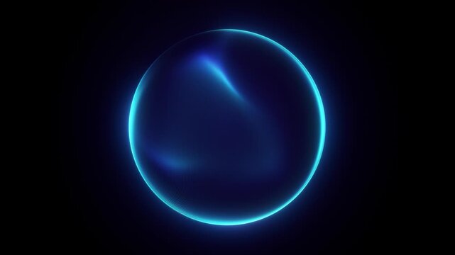 Glowing digital sphere smooth mesh surface. Cyan luminous orb blue navy gradient glow. Minimal futuristic energy form soft radiant edge light. Abstract technology visualization indigo backdrop 4K Loop