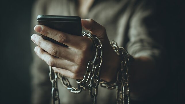 Conceptual shot of a person hand chained to a smartphone