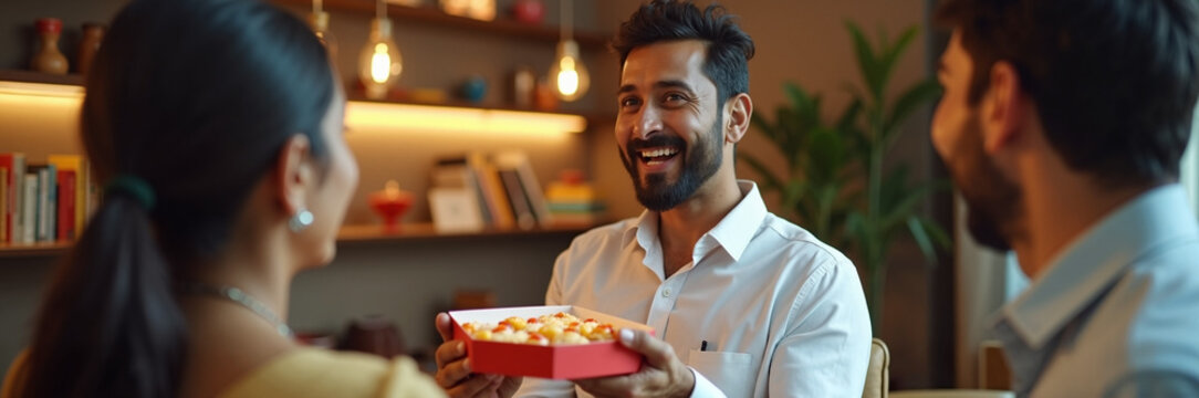 Celebrating Nag Panchami with friends sharing traditional sweets in a warm setting. Nag Panchami brings joy and connection among loved ones during festive occasions.