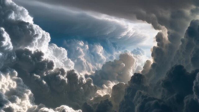 人物なしの積乱雲がそびえ立ち冷たい光芒が切り裂く迫力の空模様