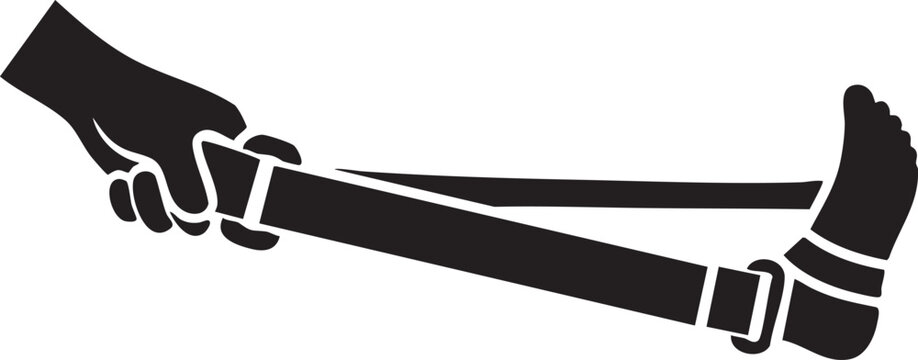 Black and white illustration of a hand holding a foot with restraints