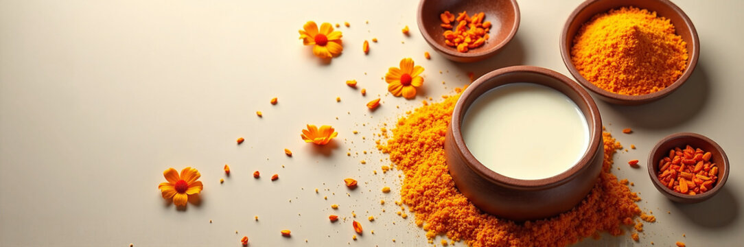 Traditional nag panchami preparation with turmeric powder, milk, and marigold flowers on beige surface. Nag panchami includes vibrant turmeric ingredients and decorative elements,
