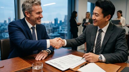Naklejka na ściany i meble Two businessmen shaking hands over a contract in a modern office with a city view