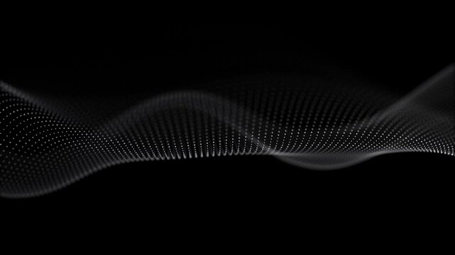 Abstract white particle wave black background. Smooth dotted mesh forming elegant linear waveform with soft depth and flowing motion. Minimal monochrome digital wave with subtle blur seamless loop 4K.