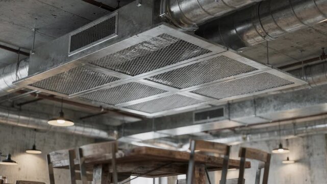 Focus on industrialstyle ceiling ventilation units with exposed ductwork above a rustic dining space highlighting metal filtration grilles in sharp focus.
