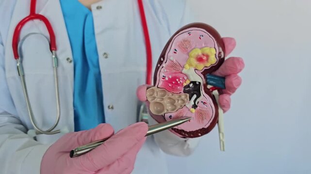 Health professional shows anatomy model of human kidney and explains functions and common diseases affecting kidneys