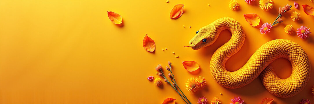 Yellow snake surrounded by colorful flower petals on orange background for Nag Panchami celebration. Vibrant yellow snake coils elegantly among petals,