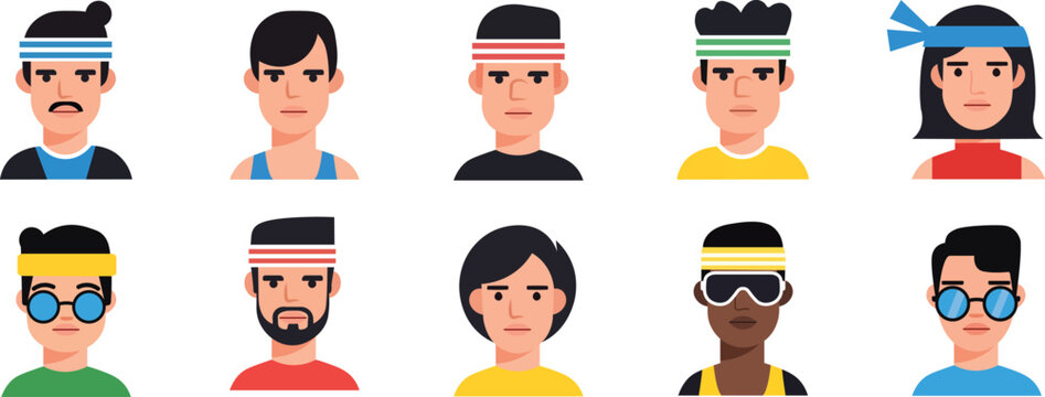 Set of Minimalist People Avatars with Headbands and Glasses, Flat Vector Character Icons for Social Media Profiles and User UI Design Elements