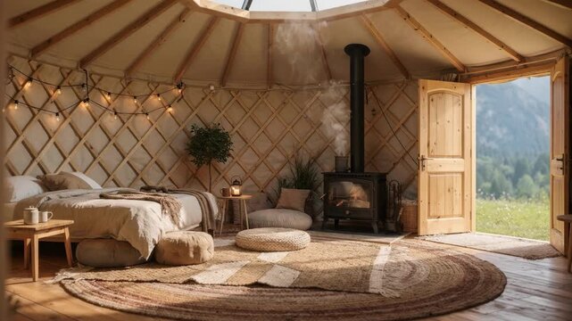 Cozy round yurt interior with central skylight soft furnishings and wood stove blurred natural mountain meadow visible through the open door.