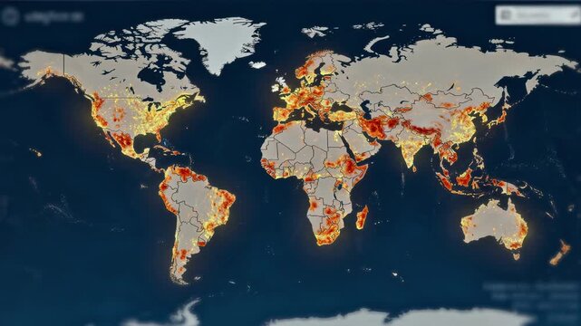 Detailed medium frame of an interactive geo map displaying search distribution hotspots central map area in sharp detail against a softly blurred interface.