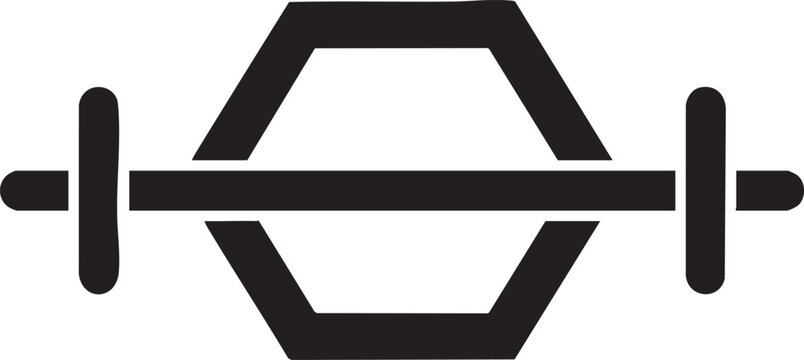 Black and white illustration of a barbell with a hexagonal plate design