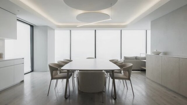Medium shot of a sleek modern dining room featuring minimalist ceiling diffusers blending seamlessly with ambient lighting and clean lines.