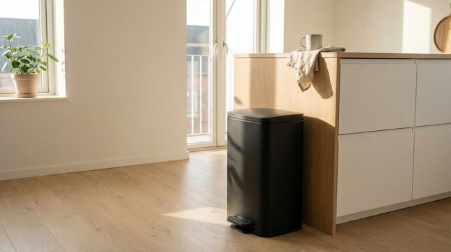 A sleek black pedal trash can stands next to a wooden kitchen island. The room is bright and minimalist with natural light. Ideal for home decor, waste management, or interior design articles.