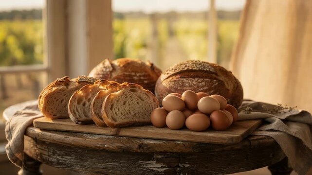 Focused medium shot of artisanal bread and farm eggs displayed on a weathered wood serving station inside a sunlit vineyard creating an elegant rustic catering vibe.