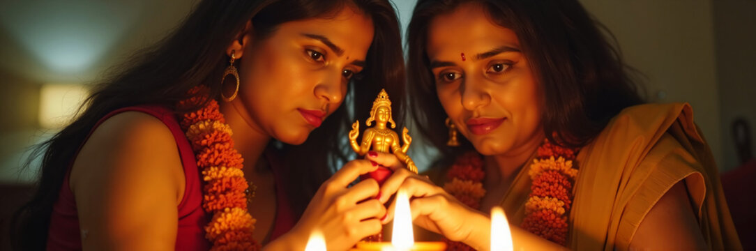 Women celebrating festival lighting candles and worshiping deity during evening ritual. Women engage in traditional worship with devotion while honoring harmony in beliefs.