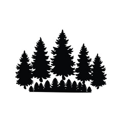 Obraz premium black and white trees forest with multiple pine trees silhouette vector illustration, forest pine cones silhouette vector illustration