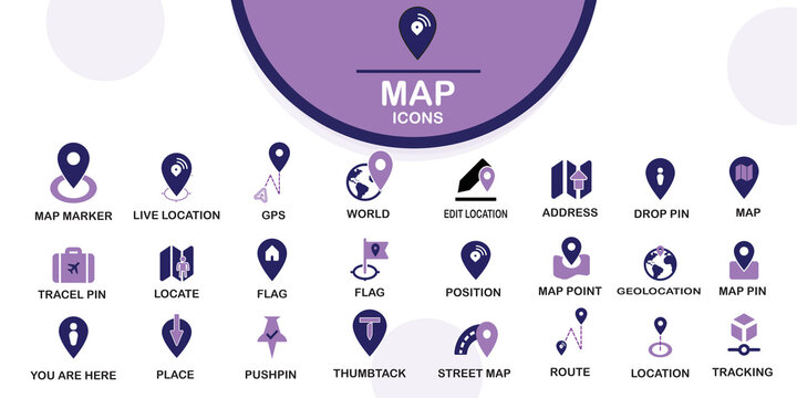 Map pin icon set. Containing location, map marker, address, position, tracking, geolocation, place and more. Solid vector icons collection with multicolour code