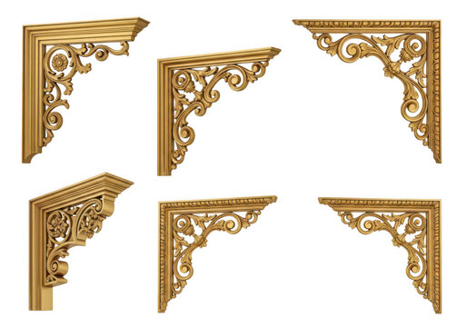 A collection of ornate decorative gold corbels featuring intricate carved floral scrollwork designs