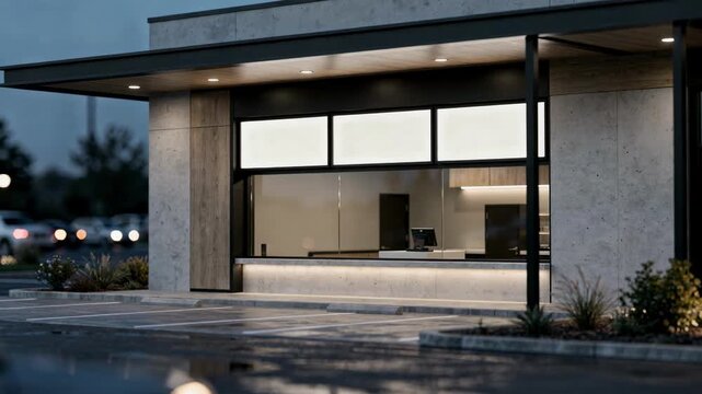 Focused medium angle of a limitedservice drivethru design showcasing menu boards and service window with the rest of the building softly out of focus.