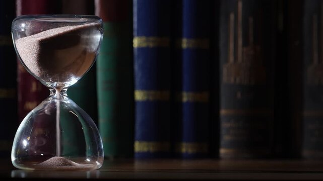 3 minute hourglass starting to flow, bookshelf background. Shallow depth of field, gold embossed letters on old books in low light, left aligned with soft copy space
