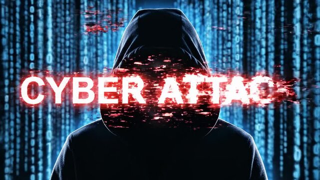 This shows a hooded figure in front of a blue binary code background with a cyber attack warning in red letters, illustrating online crime and security threats in a futuristic digital environment.