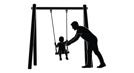 A father gently assists his child on a swing set creating a heartwarming family moment a striking silhouette high quality © CreativeAkash099