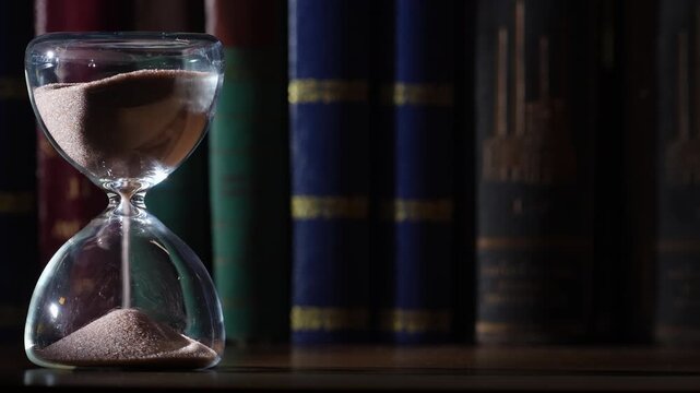 3 minute hourglass steady flow, bookshelf background. Shallow depth of field, gold embossed letters on old books in low light, left aligned with soft copy space