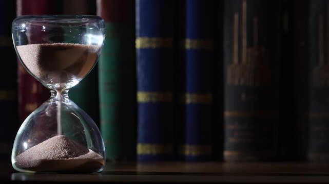 3 minute hourglass approaching end, bookshelf background. Shallow depth of field, gold embossed letters on old books in low light, left aligned with soft copy space