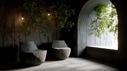 abstract room design, modernist room with levitating stone chairs surrounding twisted lighting vines, facing color-coordinated archways in surreal setting