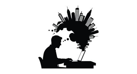A man working on a laptop with a city emerging from his thoughts rendered as a striking silhouette high quality professional © CreativeAkash099