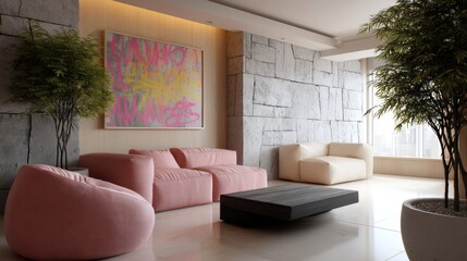 eclectic interior design, mixing sleek modern design with surreal, organic plant-like furniture, in soft earth tones contrasted with neon graffiti abstract wall art