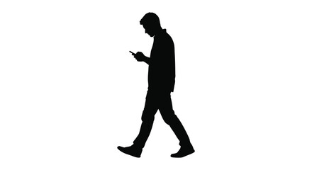 A man walks while looking at his mobile phone captured as a striking black silhouette high quality professional detailed modern elegant © CreativeAkash099
