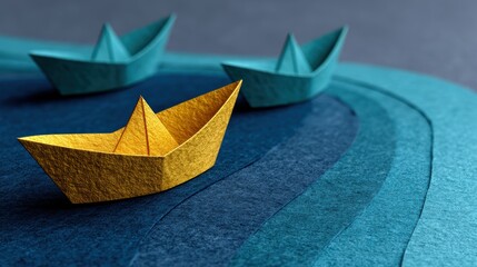 paper boat art, one golden boat leads three paper boats on a handmade blue canvas stream