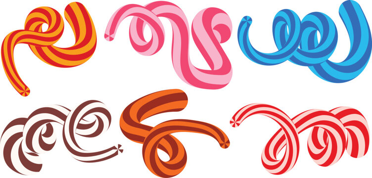Six twisted candy cane stripes in red orange pink blue brown and white ribbon swirl