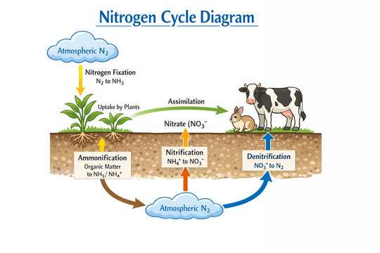 Nitrogen Cycle Diagram showing Fixation Nitrification and Denitrification