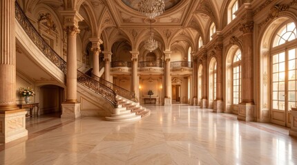 Obraz premium Grand ballroom with ornate staircase and chandeliers, bathed in natural light