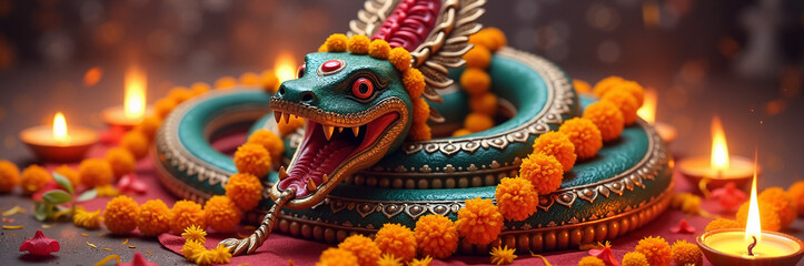 Obraz premium Colorful snake deity sculpture with marigold flowers and candles on altar for festival celebration. Snake deity features intricate designs and vibrant colors,