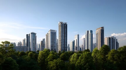 Obraz premium Modern city skyline emerging from lush green trees under a clear blue sky