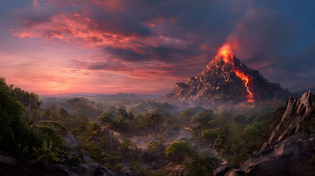 Ancient world volcano eruption sunset landscape dramatic prehistoric scene awe inspiring global vista