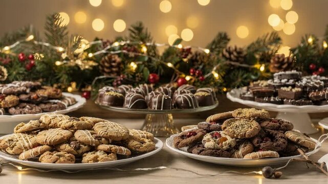 Holiday dessert buffet showcasing assorted cookies and chocolates in clear focus surrounded by softly diffused twinkling string lights and garlands.