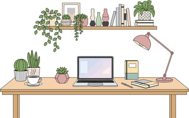 Fototapeta premium Cozy Home Office Setup with Laptop, Plants, and Books on a Wooden Desk Under a Shelf