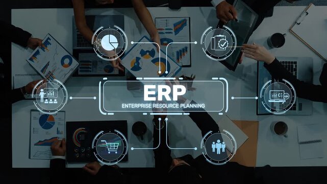 A dynamic business team engages in collaboration, utilizing ERP concepts to enhance enterprise resource planning. Various graphs and charts enrich the discussion. Raster