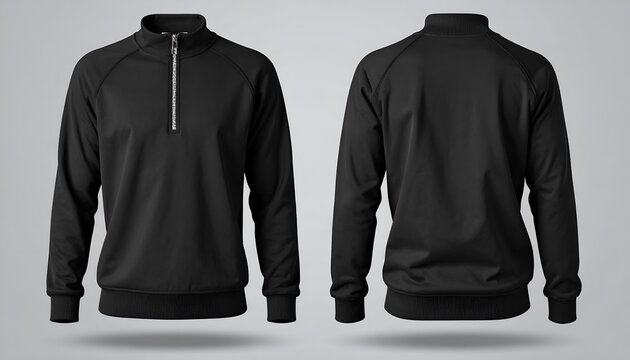 Black Quarter Zip Sweatshirt with High Collar Mockup - Front and Back View Isolated on Gray