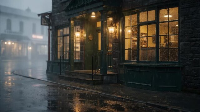 Raincovered medium shot of boutique guesthouse facade highlighting glistening windows and glowing entrance lamps with misty street and distant storefronts softly blurred.