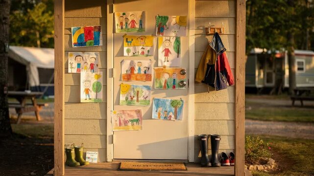 Medium shot of a family unit entrance door with colorful child artwork in focus other campground features gently blurred to imply a welcoming environment.